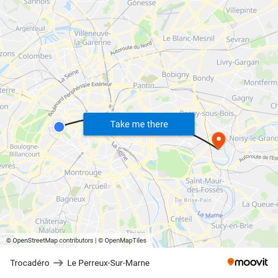 Trocadéro to Le Perreux-Sur-Marne map