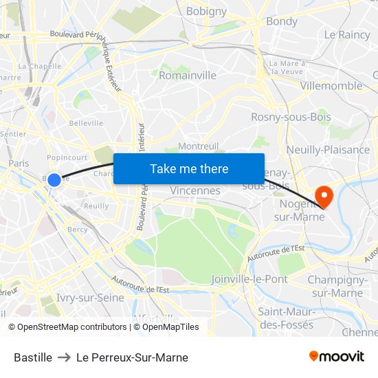 Bastille to Le Perreux-Sur-Marne map