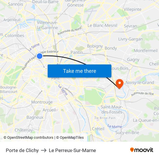 Porte de Clichy to Le Perreux-Sur-Marne map