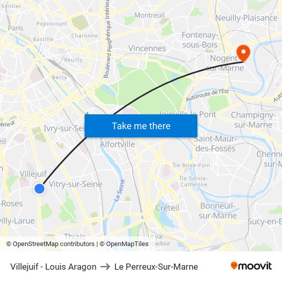 Villejuif - Louis Aragon to Le Perreux-Sur-Marne map