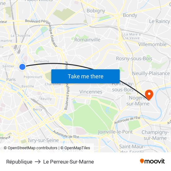 République to Le Perreux-Sur-Marne map