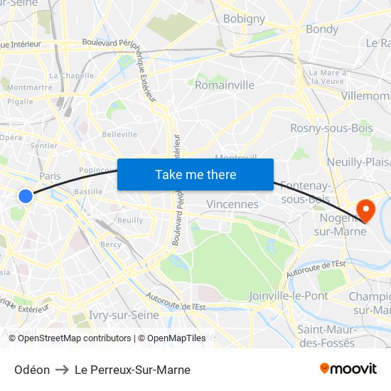 Odéon to Le Perreux-Sur-Marne map