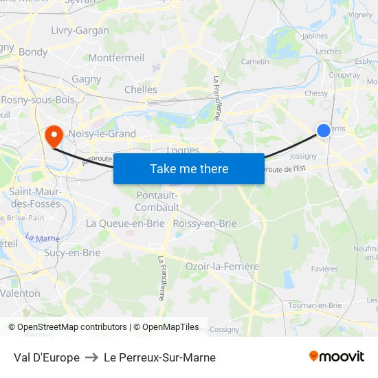 Val D'Europe to Le Perreux-Sur-Marne map
