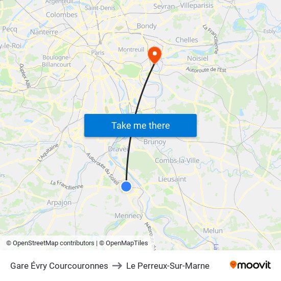 Gare Évry Courcouronnes to Le Perreux-Sur-Marne map