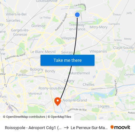 Roissypole - Aéroport Cdg1 (D3) to Le Perreux-Sur-Marne map