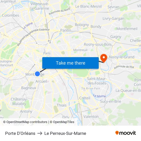 Porte D'Orléans to Le Perreux-Sur-Marne map