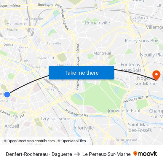 Denfert-Rochereau - Daguerre to Le Perreux-Sur-Marne map