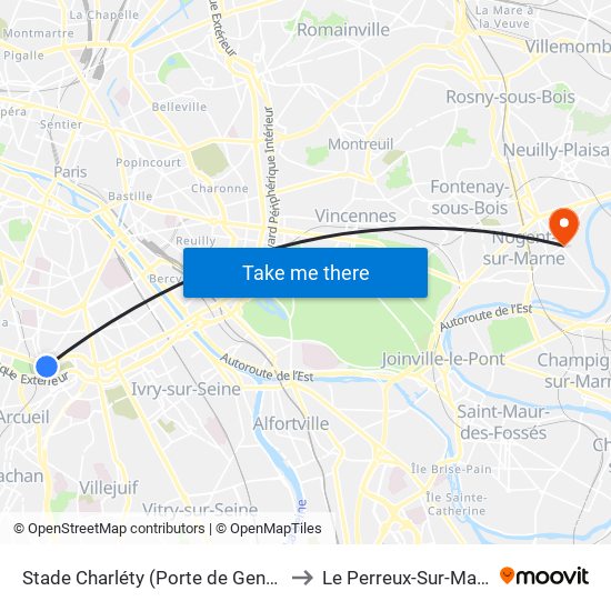 Stade Charléty (Porte de Gentilly) to Le Perreux-Sur-Marne map