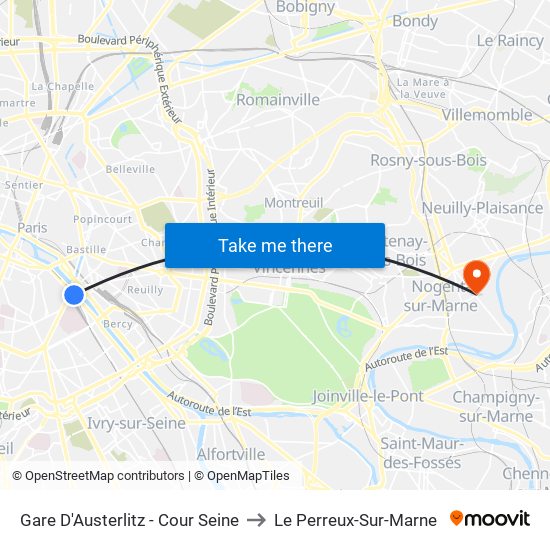 Gare D'Austerlitz - Cour Seine to Le Perreux-Sur-Marne map