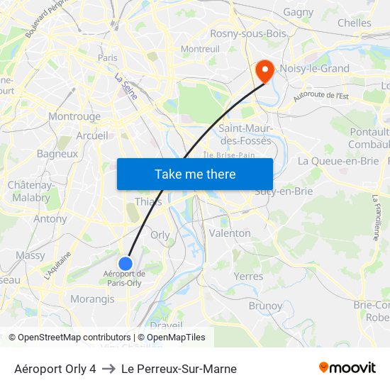 Aéroport Orly 4 to Le Perreux-Sur-Marne map