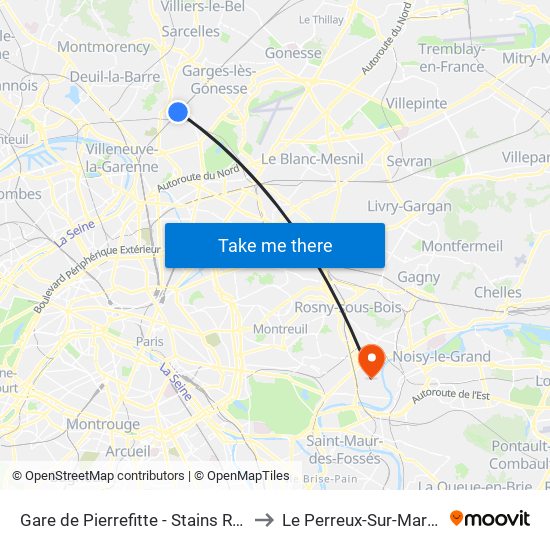 Gare de Pierrefitte - Stains RER to Le Perreux-Sur-Marne map