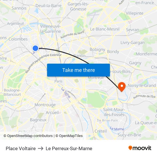 Place Voltaire to Le Perreux-Sur-Marne map