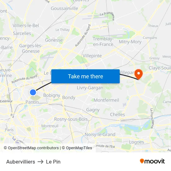 Aubervilliers to Le Pin map