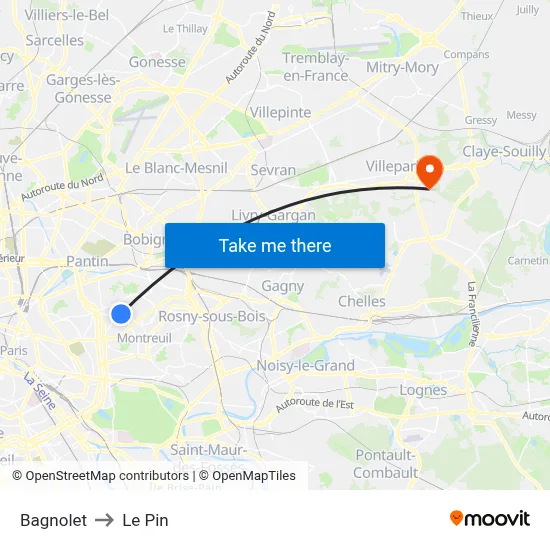 Bagnolet to Le Pin map