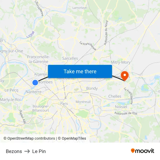 Bezons to Le Pin map