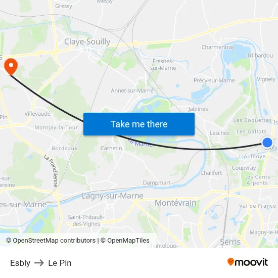 Esbly to Le Pin map
