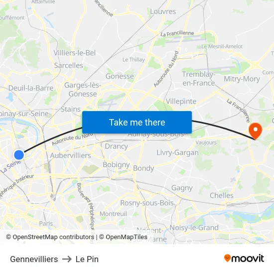 Gennevilliers to Le Pin map
