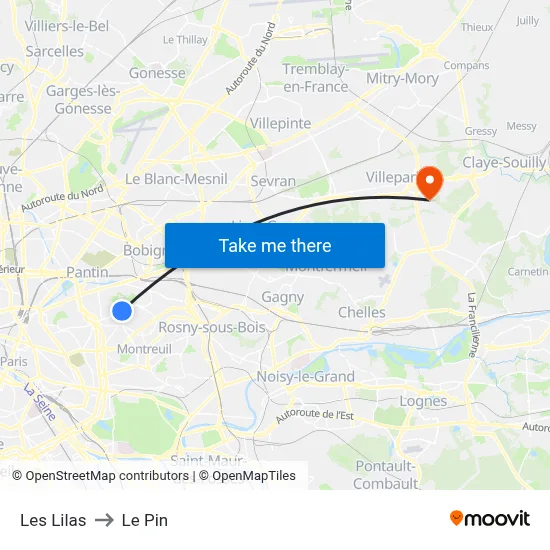 Les Lilas to Le Pin map