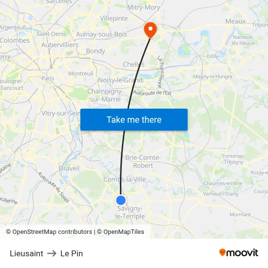 Lieusaint to Le Pin map