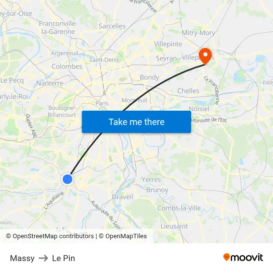 Massy to Le Pin map