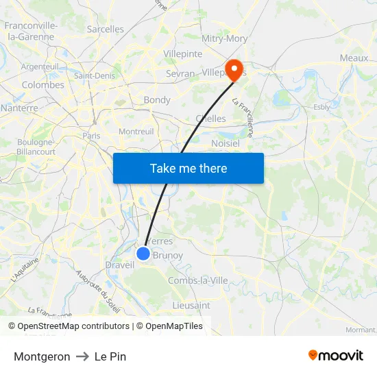 Montgeron to Le Pin map