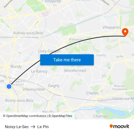 Noisy-Le-Sec to Le Pin map