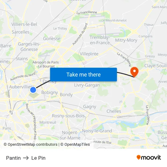 Pantin to Le Pin map