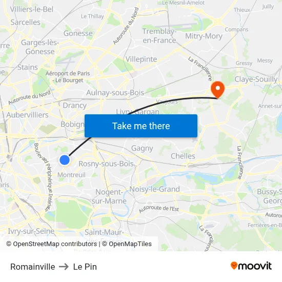 Romainville to Le Pin map
