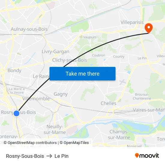 Rosny-Sous-Bois to Le Pin map
