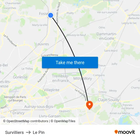 Survilliers to Le Pin map