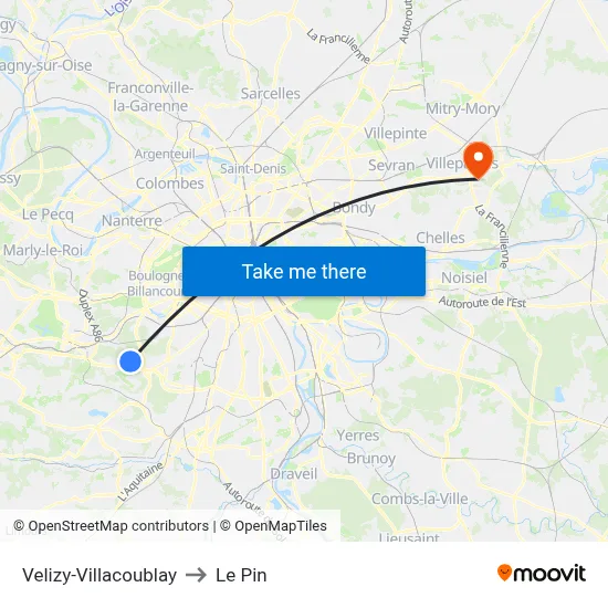 Velizy-Villacoublay to Le Pin map