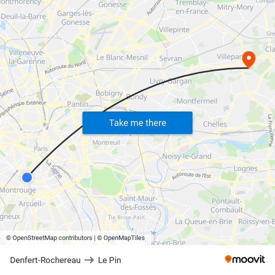 Denfert-Rochereau to Le Pin map