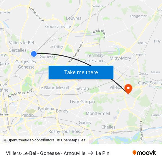 Villiers-Le-Bel - Gonesse - Arnouville to Le Pin map