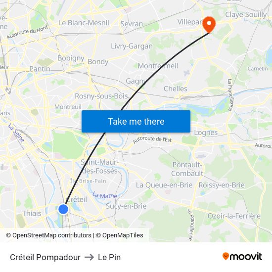 Créteil Pompadour to Le Pin map