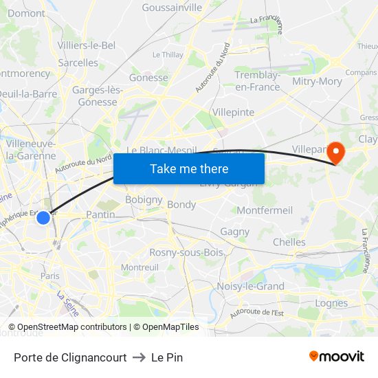 Porte de Clignancourt to Le Pin map
