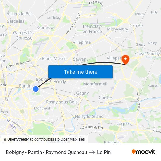 Bobigny - Pantin - Raymond Queneau to Le Pin map
