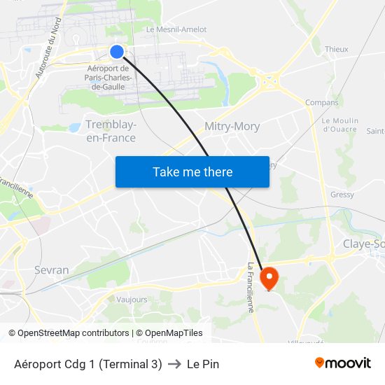 Aéroport Cdg 1 (Terminal 3) to Le Pin map