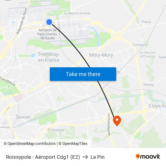 Roissypole - Aéroport Cdg1 (E2) to Le Pin map