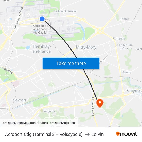 Aéroport Cdg (Terminal 3 – Roissypôle) to Le Pin map