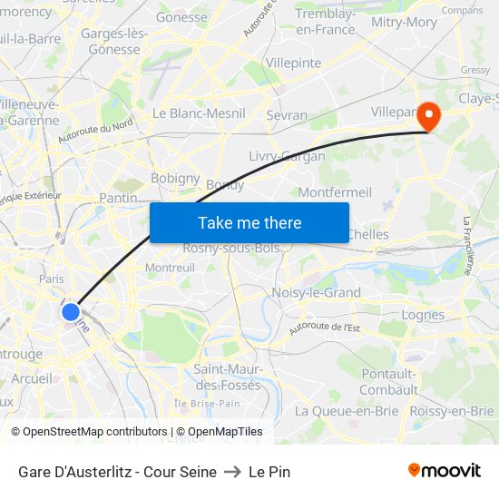 Gare D'Austerlitz - Cour Seine to Le Pin map