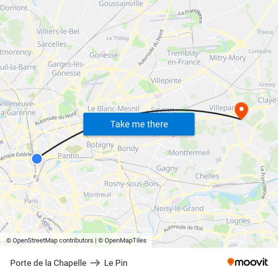 Porte de la Chapelle to Le Pin map