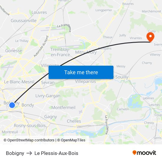 Bobigny to Le Plessis-Aux-Bois map