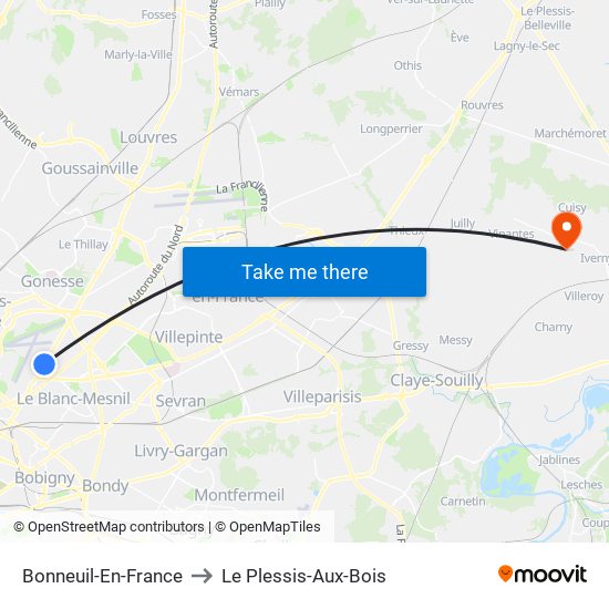 Bonneuil-En-France to Le Plessis-Aux-Bois map