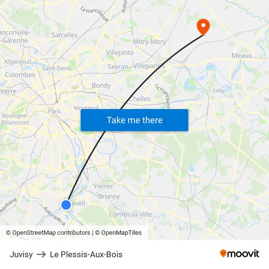 Juvisy to Le Plessis-Aux-Bois map