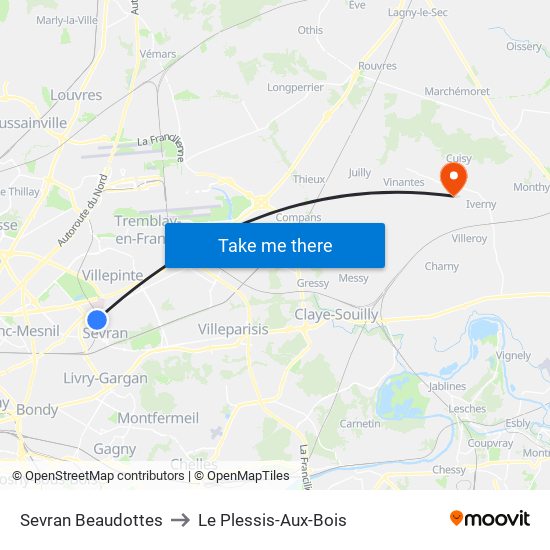 Sevran Beaudottes to Le Plessis-Aux-Bois map