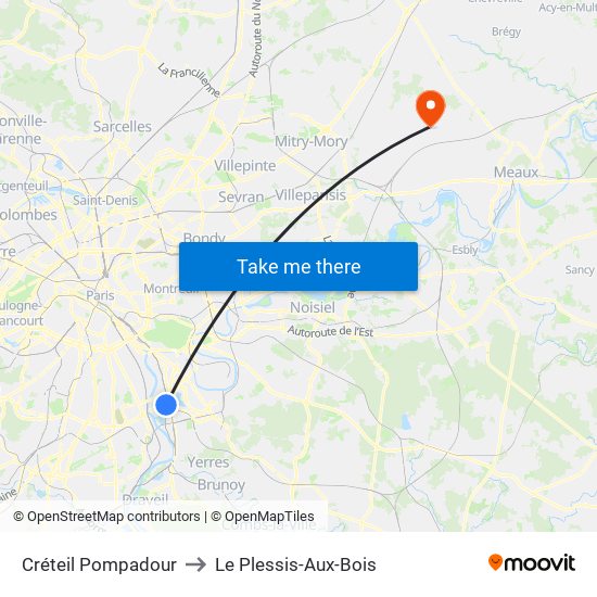 Créteil Pompadour to Le Plessis-Aux-Bois map