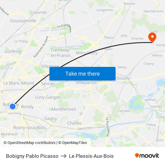 Bobigny Pablo Picasso to Le Plessis-Aux-Bois map