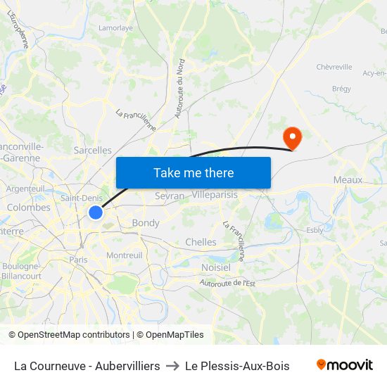 La Courneuve - Aubervilliers to Le Plessis-Aux-Bois map