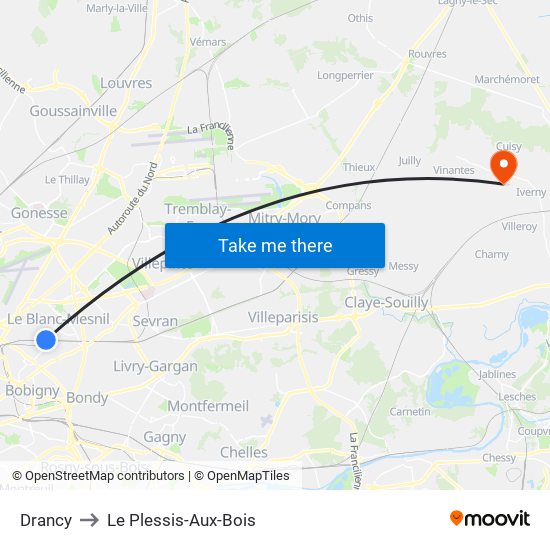 Drancy to Le Plessis-Aux-Bois map
