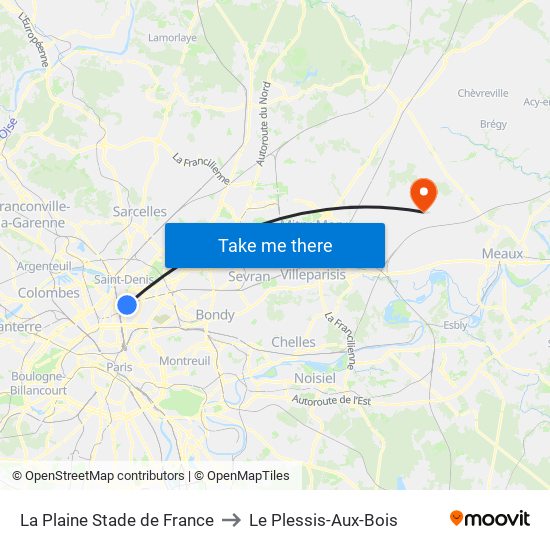 La Plaine Stade de France to Le Plessis-Aux-Bois map